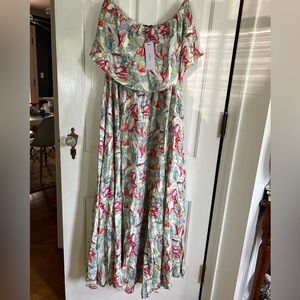 NWT Aakaa ruffle maxi dress size large tropical print muted greens, blues & red
